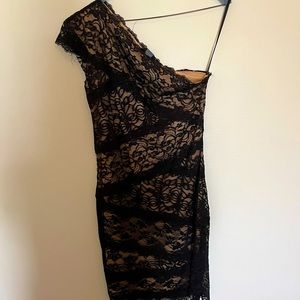 Bebe Black and Tan One Shoulder Dress